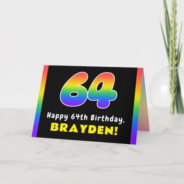 64th Birthday: Colourful Rainbow # 64, Custom Name Card (Front)