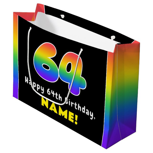 64th Birthday: Colourful Rainbow # 64, Custom Name Large Gift Bag (Front Angled)