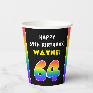 64th Birthday: Colourful Rainbow # 64, Custom Name Paper Cups
