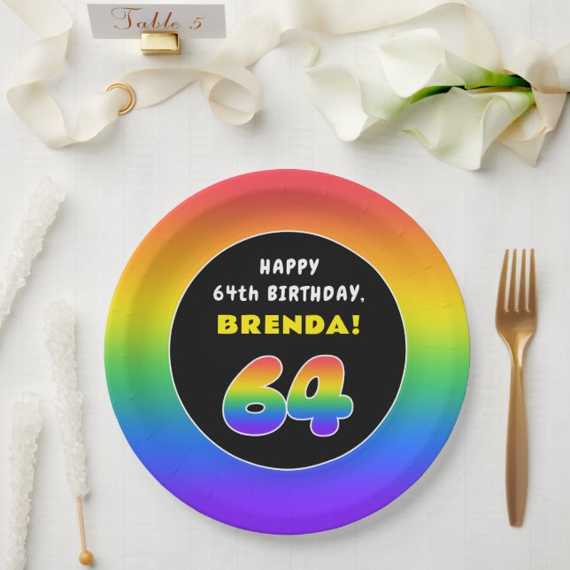 64th Birthday: Colourful Rainbow # 64, Custom Name Paper Plate (Wedding)