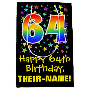 64th Birthday: Colourful Stars Pattern & Rainbow 6 Medium Gift Bag