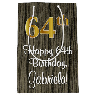 64th Birthday: Elegant Faux Gold Look #, Faux Wood Medium Gift Bag