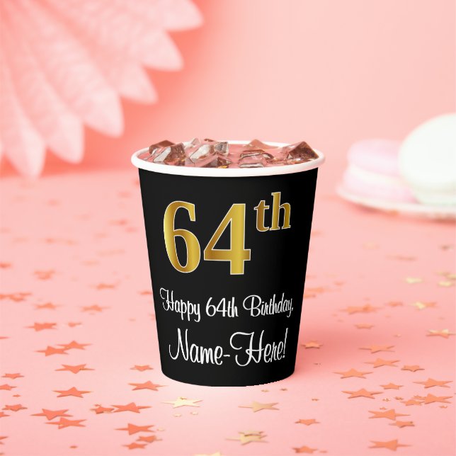 64th Birthday - Elegant Luxurious Faux Gold Look # Paper Cups (Insitu)