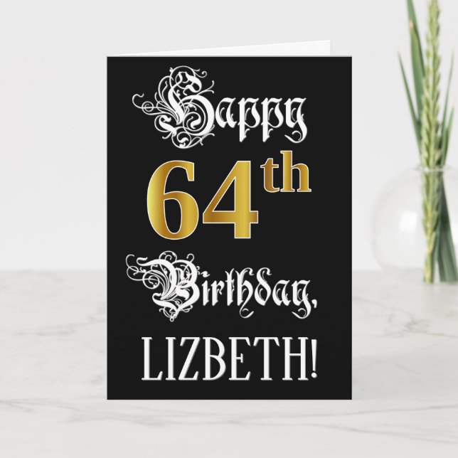 64th Birthday — Fancy Script; Faux Gold Look; Name Card (Front)