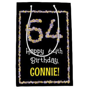 64th Birthday: Floral Flowers Number, Custom Name Medium Gift Bag