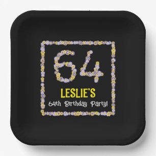 64th Birthday: Floral Flowers Number, Custom Name Paper Plate