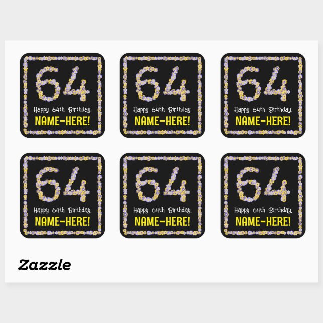 64th Birthday: Floral Flowers Number, Custom Name Square Sticker (Sheet)