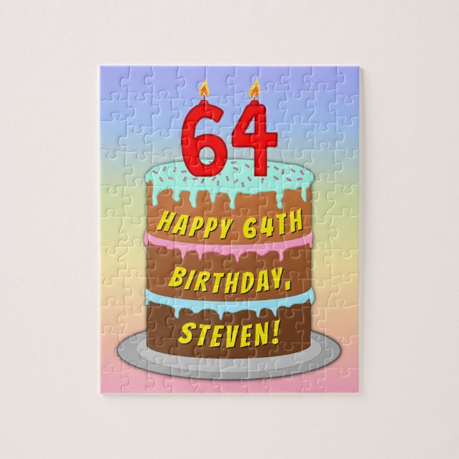 64th Birthday: Fun Cake and Candles + Custom Name Jigsaw Puzzle (Vertical)