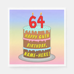 64th Birthday: Fun Cake and Candles + Custom Name Napkin