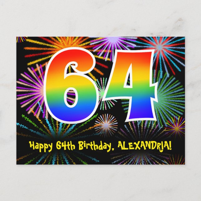 64th Birthday – Fun Fireworks Pattern + Rainbow 64 Postcard (Front)