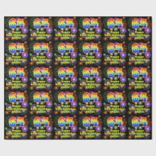 64th Birthday: Fun Fireworks, Rainbow Look # “64” Wrapping Paper