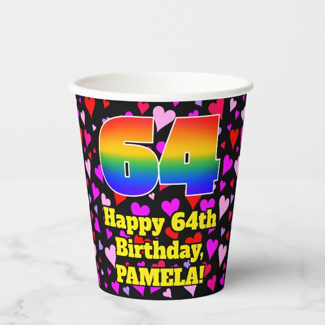 64th Birthday: Loving Hearts Pattern, Rainbow 64 Paper Cups (Front)