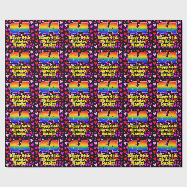 64th Birthday: Loving Hearts Pattern, Rainbow # 64 Wrapping Paper (Seam)