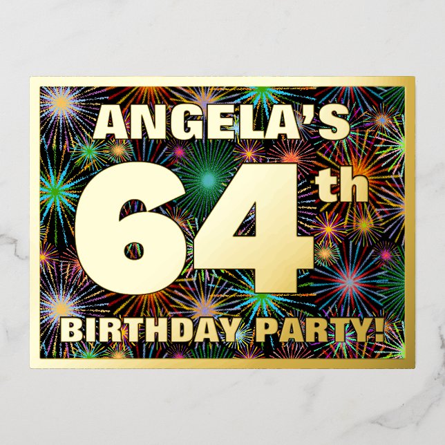 64th Birthday Party: Bold, Colourful Fireworks Loo Foil Invitation Postcard (Front)