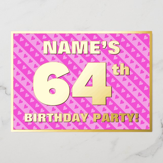 64th Birthday Party — Fun Pink Hearts and Stripes (Front)