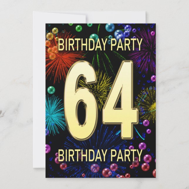 64th Birthday Party Invitation Fireworks Bubbles (Front)