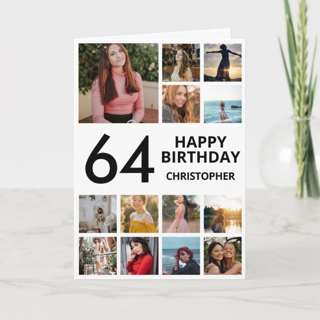 64th Birthday Photo Collage 13 Photos Black White Card (Front)