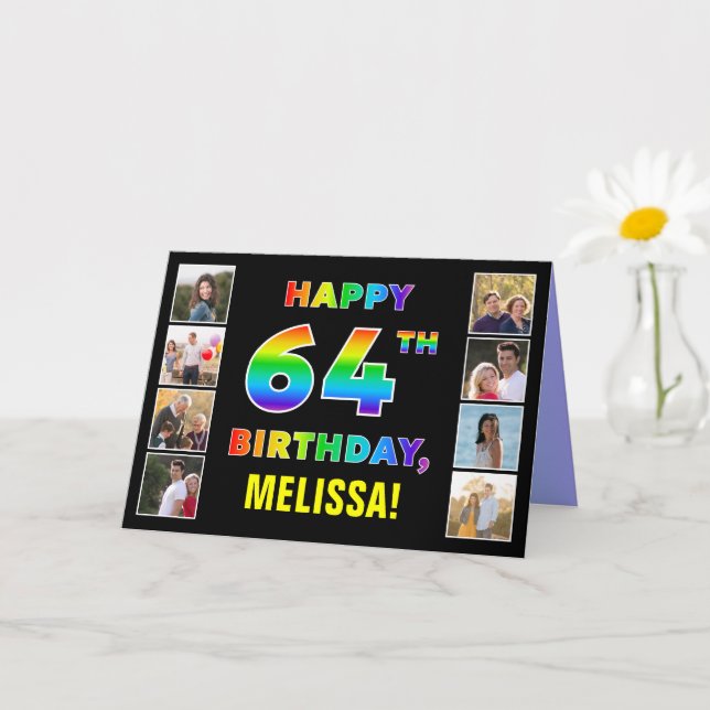 64th Birthday: Rainbow Text, Custom Photos & Name Card (Small Plant)