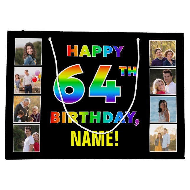 64th Birthday: Rainbow Text, Custom Photos & Name Large Gift Bag (Back)