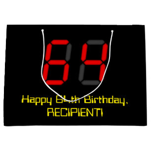 64th Birthday: Red Digital Clock Style "64" + Name Large Gift Bag