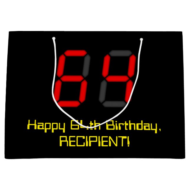 64th Birthday: Red Digital Clock Style "64" + Name Large Gift Bag (Front)