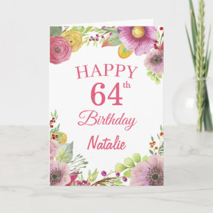 64th Birthday Watercolor Floral Flowers Pink Card