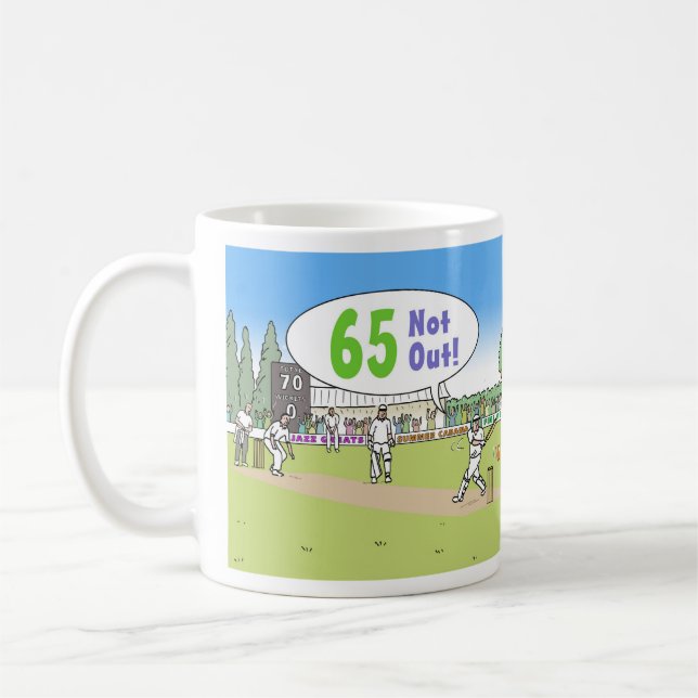 65 Not Out Cricket Theme. 65th Birthday Coffee Mug (Left)