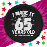 65 Year Old Sarcastic Meme Funny 65th Birthday Paper Plate<br><div class="desc">This funny 65th birthday design makes a great sarcastic humour joke or novelty gag gift for a 65 year old birthday theme or surprise 65th birthday party! Features 'I Made it to 65 Years Old... Nothing Scares Me' funny 65th birthday meme that will get lots of laughs from family, friends,...</div>