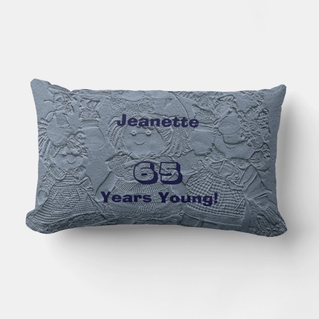 65 Years Young Silver Blue Doll, Name, Comfortable Lumbar Pillow (Front)