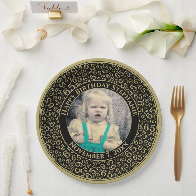 65 Your Photo Random Number Pattern Black/Gold Paper Plate (Wedding)