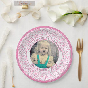 65 Your Photo Random Number Pattern Pink/White Paper Plate