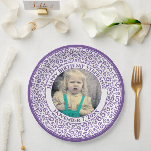 65 Your Photo Random Number Pattern Purple/White Paper Plate