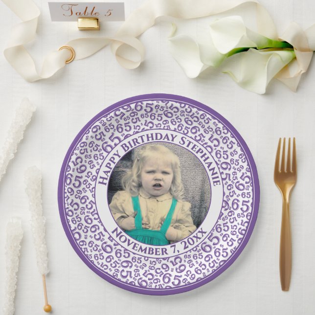 65 Your Photo Random Number Pattern Purple/White Paper Plate (Wedding)