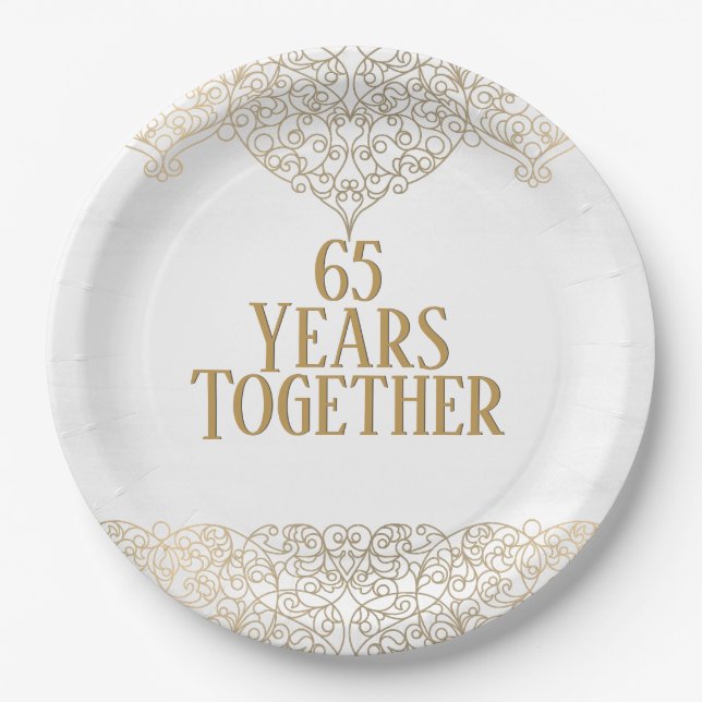65th Anniversary Gold Lace On White Paper Plate (Front)