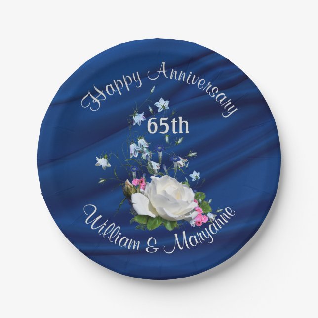65th Anniversary Party White Rose Sapphire Blue Paper Plate (Front)
