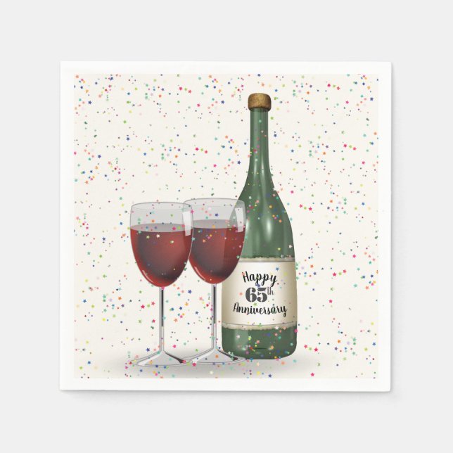 65th Anniversary Party Wine Bottle and Two Glasses Napkin (Front)