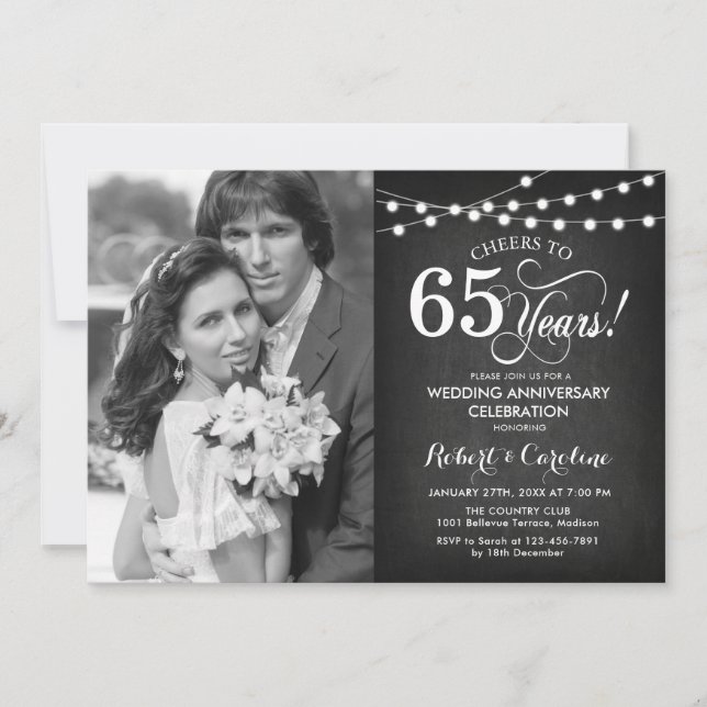65th Anniversary with Photo - Chalkboard and White Invitation (Front)