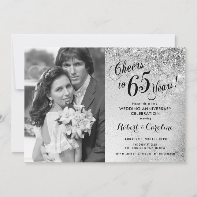 65th Anniversary with Photo - Silver Invitation (Front)