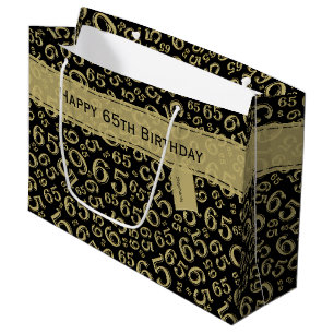 65th Biirthday Random Number Pattern Black/Gold Large Gift Bag