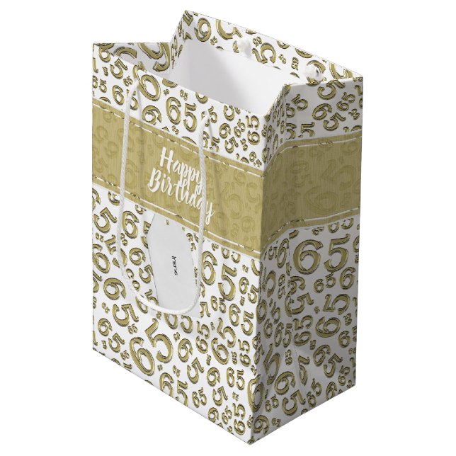 65th Biirthday Random Number Pattern Gold/White Medium Gift Bag (Front Angled)