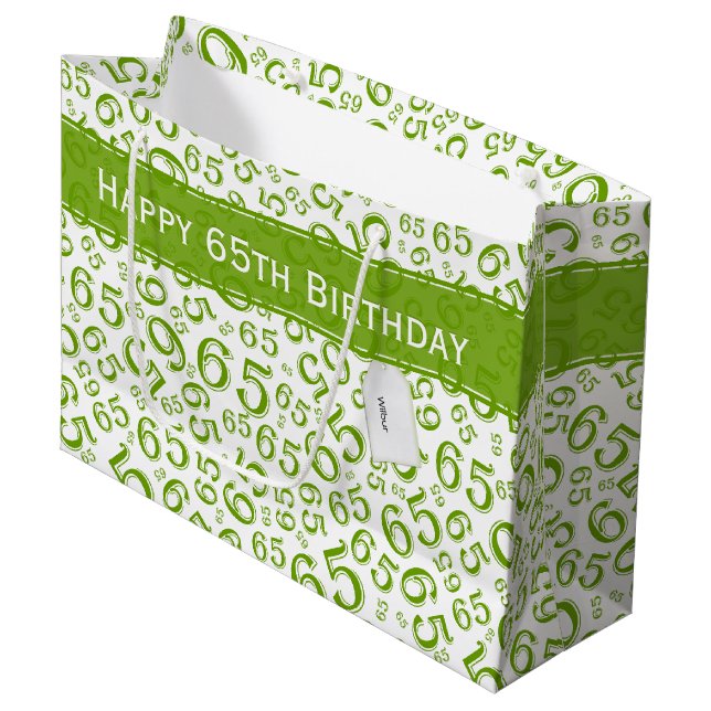 65th Biirthday Random Number Pattern Green/White Large Gift Bag (Front Angled)