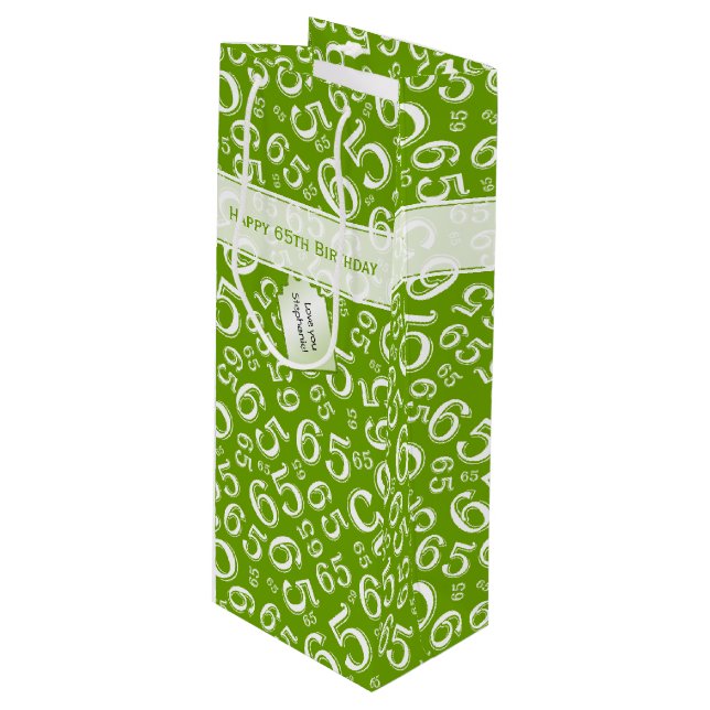 65th Biirthday Random Number Pattern Green/White Wine Gift Bag (Front Angled)