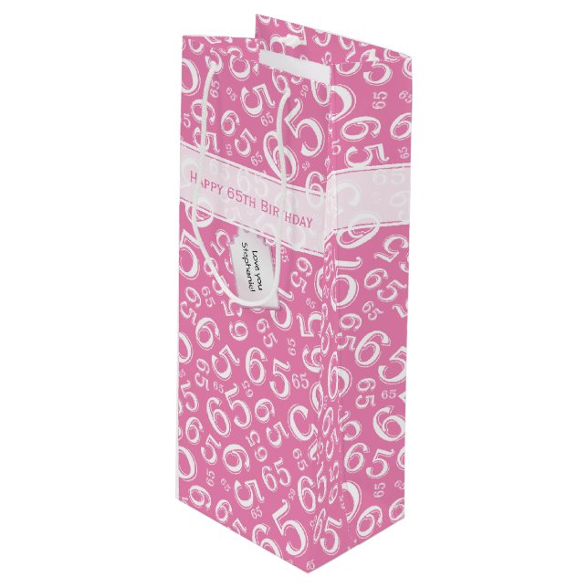 65th Biirthday Random Number Pattern Pink/White Wine Gift Bag (Front Angled)