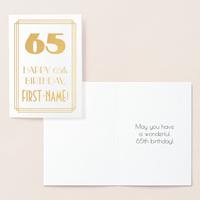 65th Birthday: Art Deco Inspired Look "65" & Name Foil Card (Display)