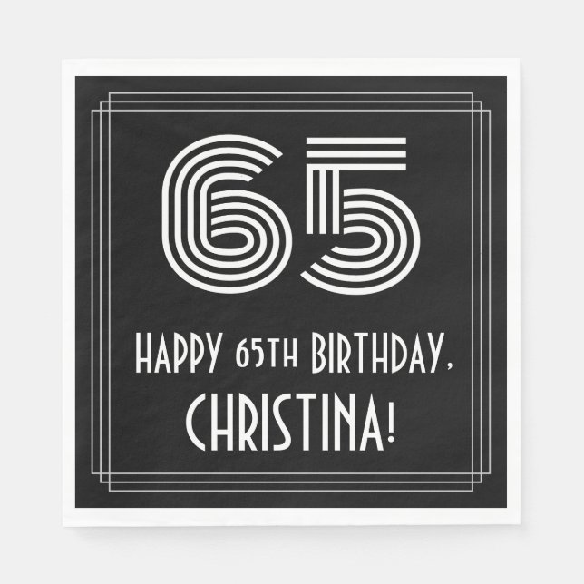 65th Birthday: Art Deco Inspired Look "65" + Name Napkin (Front)