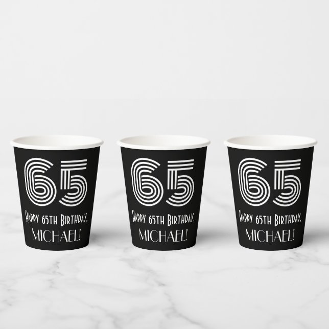 65th Birthday — Art Deco Inspired Look “65” + Name Paper Cups (Multi)