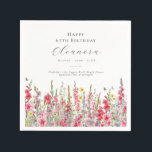 65th Birthday August Birth Month Flower Gladiolus Napkin<br><div class="desc">Perfect table decor for an August birthday party. Pink gladiolus is the birth flower for that month. It forms a pretty watercolor bottom border on this floral personalized napkin. The birthday guest of honour's name, age and birthdate are placed above it using elegant calligraphy and typography. All text is editable....</div>