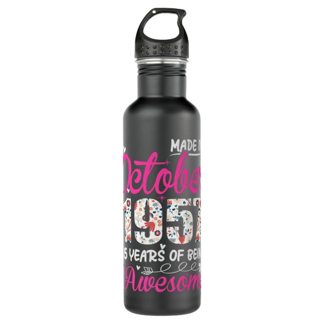 65th Birthday Awesome Since October 1957 Floral Pr 710 Ml Water Bottle (Front)