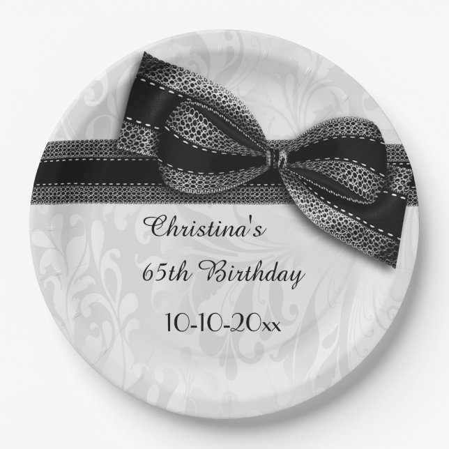 65th Birthday Black Damask and Faux Bow Paper Plate (Front)