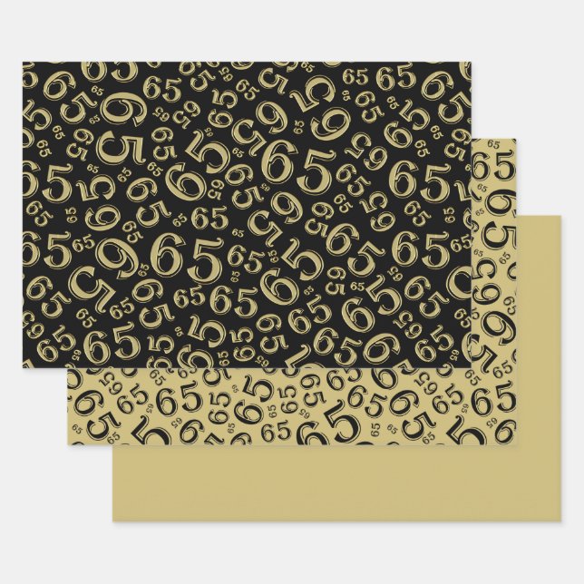 65th Birthday Black & Gold Number Pattern 65 Wrapping Paper Sheet (Set)